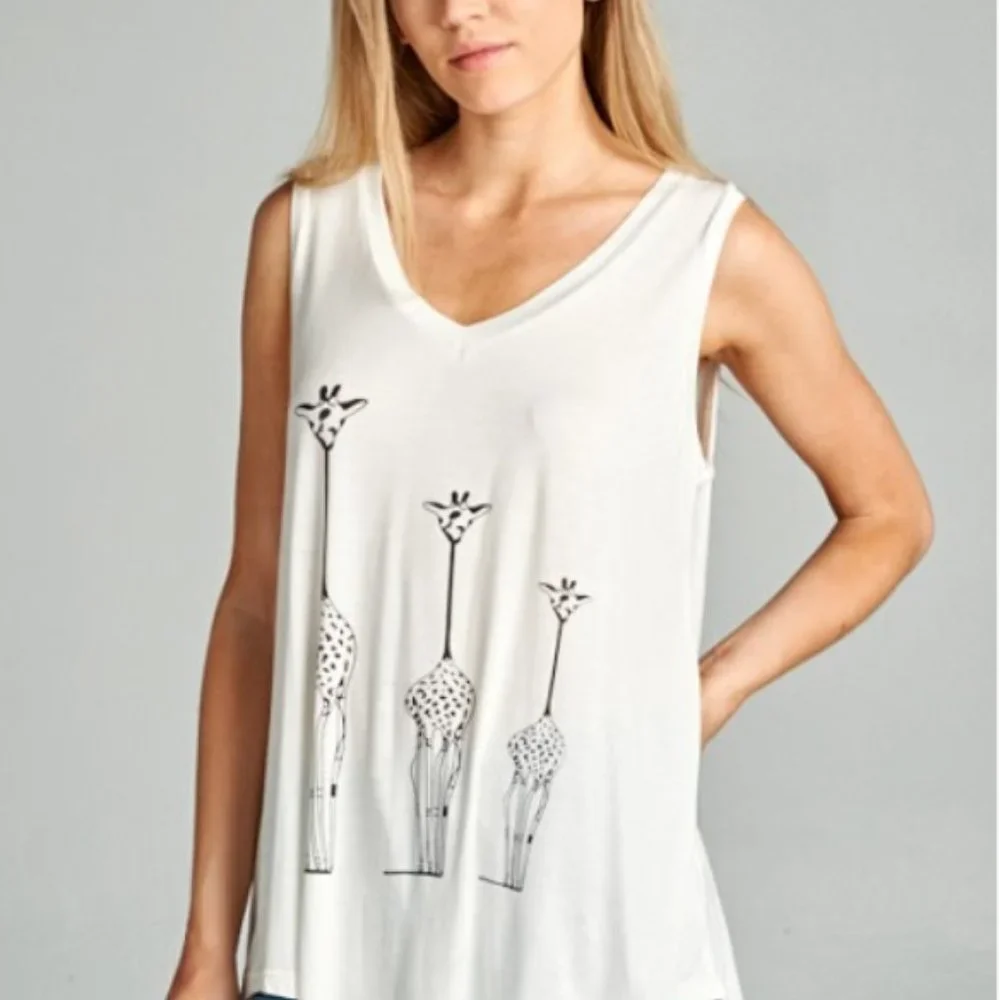White V Neck Trio of Giraffes Tank Top | New With Tags - Picture 3 of 4